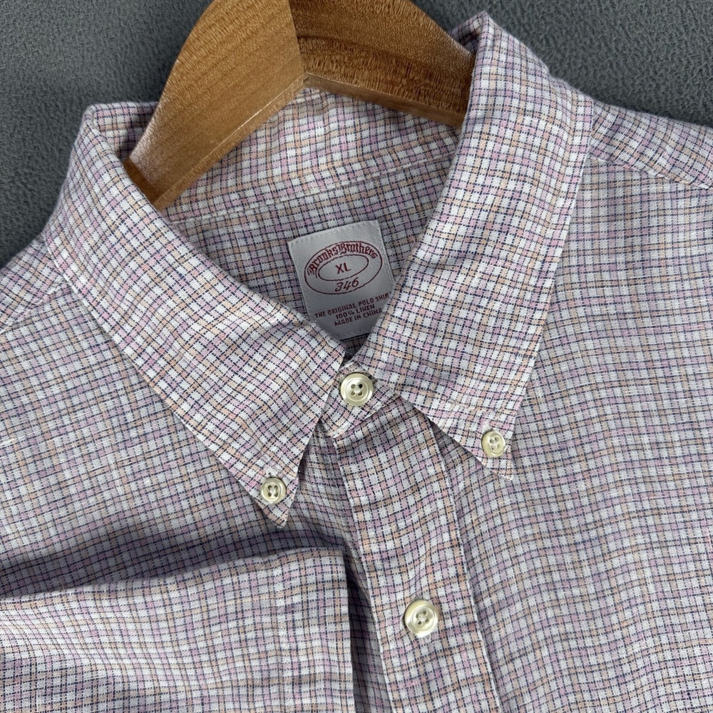 Brooks Brothers Shirt XL‎ White Pink Check Linen 346 Prep Trad Old Money Summer